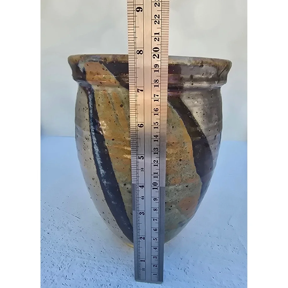Studio MCM Pottery Hand Thrown Speckled Glaze Vase Abstract Indigo Ochre Signed